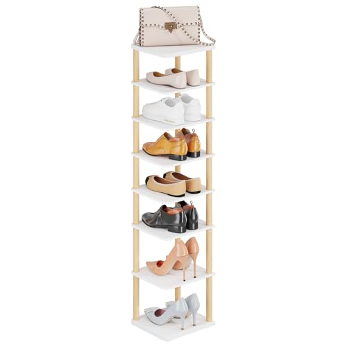 LUCKNOCK Vertical Shoe Rack, 8-Tier Tall Narrow Shoe Organizer for Entryway, Closet, Dorm & Small Spaces, Freestanding Wooden Shoe Shelf Tower for Boots, Sneakers, Heels. (White) - color: white
