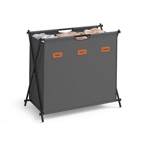 SONGMICS Laundry Hamper, Laundry Basket, 35.7 Gal. Laundry Sorter 3 Sections, Collapsible X-Frame, Clothes Organizer with Customizable Labels, Laundry Room, Bedroom, Bathroom, Slate Gray ULCB130G01 - color: Slate Gray, size: 135 L
