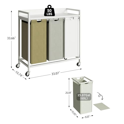Herture Laundry Hampers with Shelf, Laundry Basket 3 Section, Laundry Sorter with Pull-Out Removable Large 3 Color Bags and Movable Wheels, Metal Frame, 3 x 15.87 Gallons (60L), White PF04XLE - color: White + 3-Color, size: 3 Bags-180 L