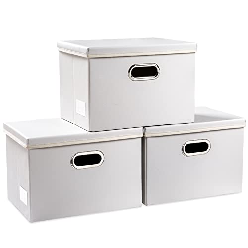 PRANDOM Collapsible Storage Bins with Lids [3-Pack] Leather Fabric Foldable Storage Boxes Organizer Containers Baskets Cube with Cover for Bedroom Closet Office Nursery White (14.9x10.8x10) - color: White, size: Medium(3-Pack)