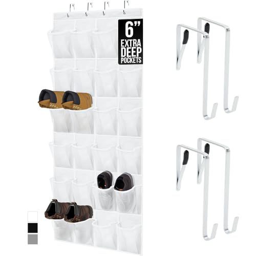 GORILLA GRIP Over the Door Shoe Organizer, 24 Extra Large Breathable Mesh Pockets, Space Saving Hanging Storage Holder, 4 Hook Closet Rack Hanger, Hangs on Closets for Shoes and Accessories, White - color: White, size: 24 Extra Large Pockets/4 Hooks