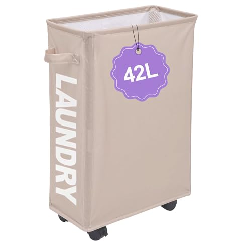 Slim Rolling Laundry Hamper with Wheels, 42L Collapsible Narrow Laundry Basket with Drawstring Mesh Cover, Foldable Dirty Clothes Organizer for Bathroom, Dorm, Small Spaces, Khaki - color: Khaki, size: 1PC 42L