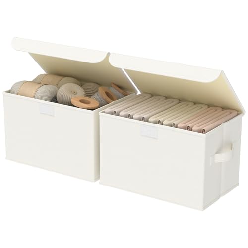 Fabric Storage Bin with Lid, Closet Boxes with Cover, Collapsible Stackable Organizer Basket with 2 Handles, for Home and Bedroom, 2 Pack, Beige, 10.2 x 7.9 x 6.7 In, XSNY12BES-2 - color: Beige, size: Small（2 Pack）