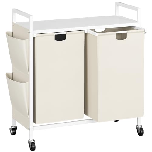 WOWLIVE Double Laundry Hamper with Lid,Rolling Laundry Basket Organizer with Wheels, Iron-Made Laundry Sorter with Top Shelf and 2 Removable Bags,Large Clothes Storage for Room,White - color: White, size: 110L (30.0 x 13 x 32 Inches)