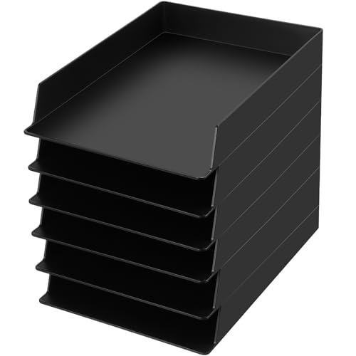 Wenqik 6 Pcs Stackable Paper Trays Rectangular Plastic Desk Holder Desktop Document File Organizer Storage Letter for Office Classroom (Black) - color: Black