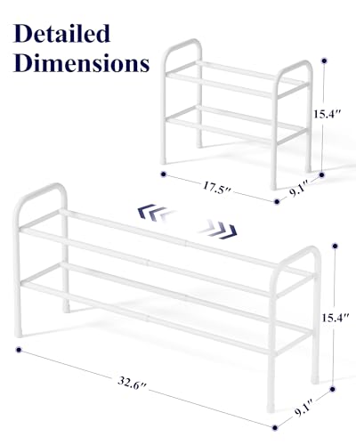 Kitsure Extendable Shoe Rack - 2-Tier Adjustable Metal Shoe Organizer, Sturdy Rust-Resistant Shoe Shelf for Entryway, Closet, or Bedroom, 17.5"–32.6" x 9.1" x 15.4", White - color: White, size: 2-Tiers