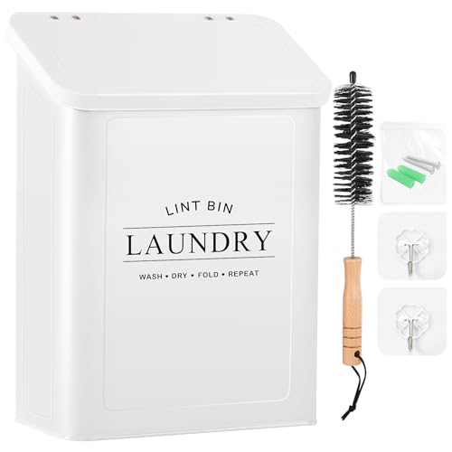 Magnetic Lint Bin for Laundry Room, Metal Lint Container with Lid and Brush, Wall Mounted Lint Box for Dryer, Farmhouse Laundry Room Decor, White - color: White, size: Pattern 2