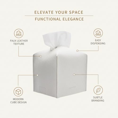 Tissue Box Cover Holder, Square with Bottom Belt by Carrot's Den - PU Leather Decorative Organizer for Tabletop, Bathroom, Car, Office | Pure White - color: Pure White