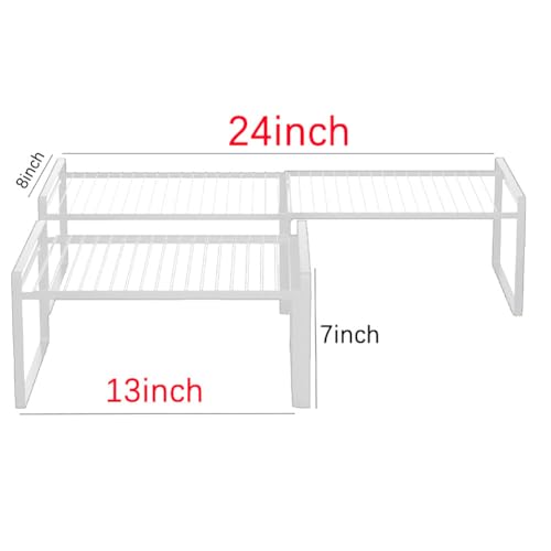 13"-24" L Expandable Cabinet Shelf Rack Set of 2, Stackable Kitchen Countertop Cupboard Organizers and Pantry Storage Shelves - color: White