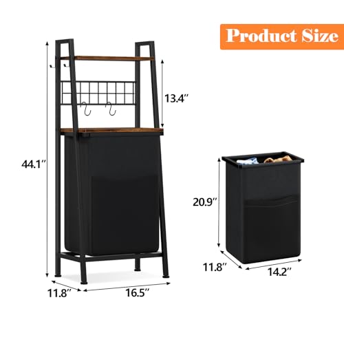 Furnulem Laundry Hamper, Vertical Laundry Basket with 2 Tiers Wooden Shelf and Hooks, Clothes Hamper with Pull-Out and Removable Bag for Bathroom, Bedroom, Dorm, 13.21 Gallons (50L) - size: 1-Bag Laundry Hamper