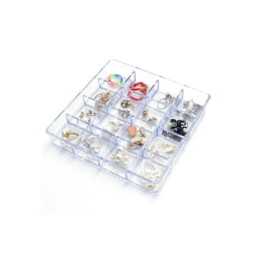 carrotez Small Stackable Jewelry Organizer Tray, 16 Grid, Clear Plastic Drawer Organizer for Makeup, Accessories, Desk, Vanity