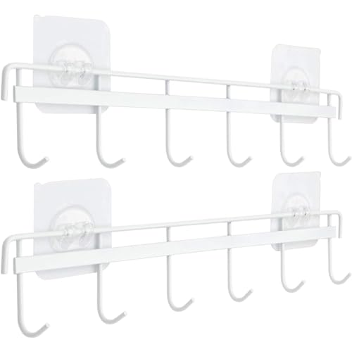 YiZhi Adhesive Wall Hooks Rack Kitchen Rail, Space Saving Utensil Holder No Drilling Wall Mounted Accessory Hanger with 6 Hooks for Kitchen Bathroom Bedroom Pack of 2 (White) - color: White