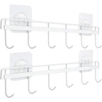 YiZhi Adhesive Wall Hooks Rack Kitchen Rail, Space Saving Utensil Holder No Drilling Wall Mounted Accessory Hanger with 6 Hooks for Kitchen Bathroom Bedroom Pack of 2 (White) - color: White