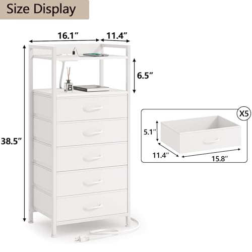 Furnulem White Nightstand with 5 Storage Drawer, Tall Dresser for Bedroom with Led Light and Charging Station, Side Table Nightstand for Closet, Fabric Bins, Metal Frame, Wood Shelf(White) - color: White, style: 5 Drawer