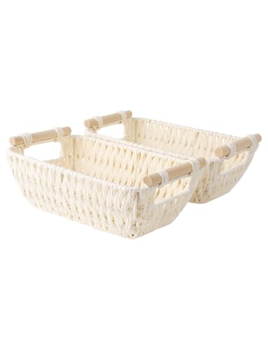 StorageWorks Round Paper Rope Woven Basket with Wooden Handles for Gifts, Small Wicker Baskets for Shelf, Beige, 2-Pack - color: Beige, size: Small
