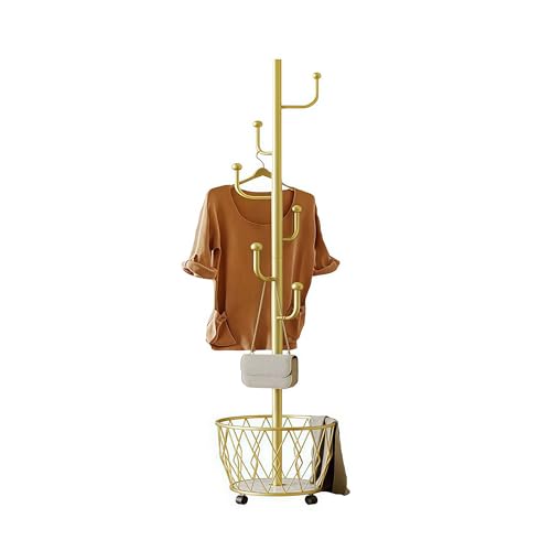 Cactus shaped Freestanding Metal Coat Rack Stand with Basket Modern Organizer for Scarf Jacket Hat Bags Ideal for Home Entryway Bedroom Corner Stable and Moveable (gold) - color: gold