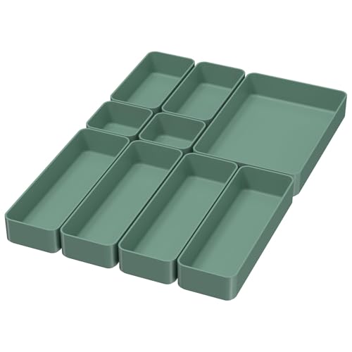 CHANCETSUI 9 Pcs Stackable Drawer Organizer Trays Set, Green, Multifunctional Storage for Vanity, Bathroom, Kitchen, Desk Drawer Organizer Office, PET Plastic - color: 9-4Green