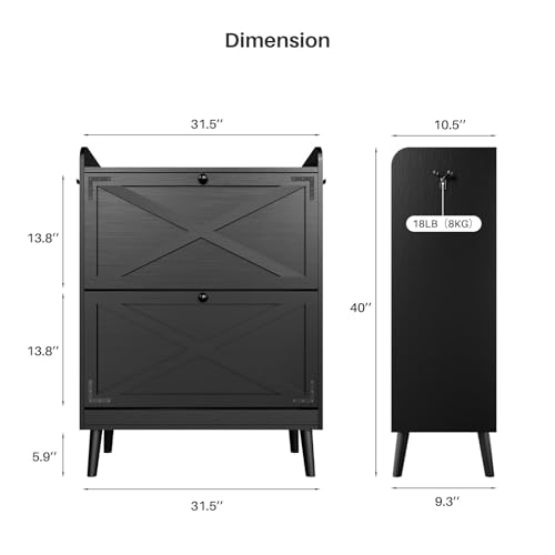 Shoe Storage Cabinet with 2 Flip Drawers, Freestanding Entryway Shoe Cabinet with 2 Side Hooks & Adjustable Shelves Slim Shoe Organizer Cabinet Narrow Shoe Rack for Entrance Hallway Front Door,Black - color: Black