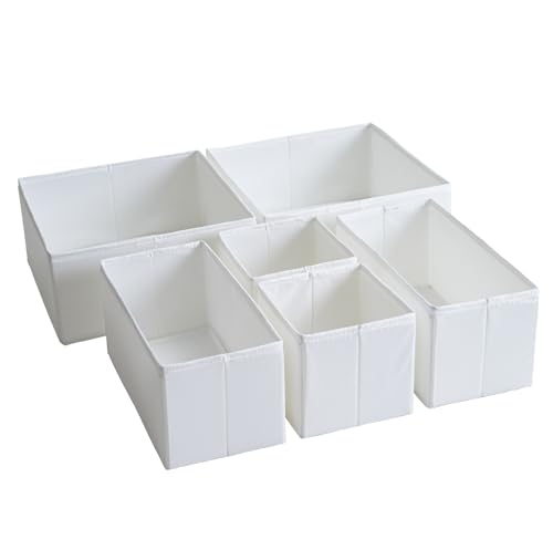 TYEERS Drawer Organizers, Durable Fabric, Washable, with Base Support Boards, Small Storage Boxes for Bathroom, Closet, Dresser, Set of 6, White - color: White, size: S+M+L (Set of 6)
