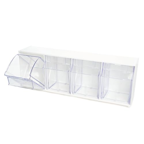 Deflecto Interlocking Tilt Bin, 4 Bin Unit, Clear and White, 23-5/8” x 8-1/8” x 6-5/8” (20403OP) - style: 4 Bins