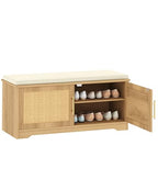 Rattan Shoe Storage Bench with Cushion, 39.4" Wide Entryway Bench with Adjustable Shelf, Hidden Shoe Organizer Cabinet, for Hallway, Living Room, Bedroom, Natural Oak