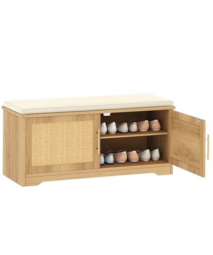 Rattan Shoe Storage Bench with Cushion, 39.4" Wide Entryway Bench with Adjustable Shelf, Hidden Shoe Organizer Cabinet, for Hallway, Living Room, Bedroom, Natural Oak