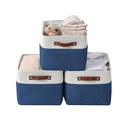 DECOMOMO Storage Bins, Large Fabric Storage Baskets for Shelves, Decorative Linen Closet Organizer, 15 x 11 x 9.5 inches (Navy Blue & White, 3 Pack) - color: Blue Navy and White, size: Large/3P