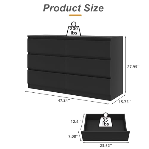 Spaco Black Dresser for Bedroom,Modern 6 Drawer Dresser with Deep Drawer,Wide Storage Chest of Drawers,Bedroom Storage Organizer Furniture,TV Stand for Living Room - color: Black, size: 6 Drawers