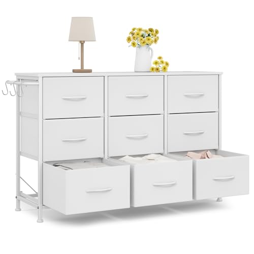 Dresser for Bedroom, Small Fabric Dressers for Kids Bedroom, 9 Drawers Dresser for Closet, Storage Organizer Chest of Drawers for Nursery, Dorm, Apartment, TV Stand, Wooden Top, Side Hooks (White) - color: White, size: 11.8"D x 39.4"W x 25.6"H (9 Drawers)