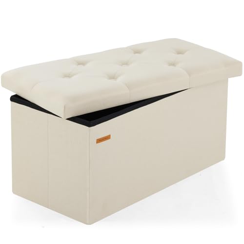 HAUSFRAU - Storage Ottoman Bench, 30 Inches Button Tufted Upholstered Ottoman Footstool with Storage for Living Room Bedroom Entryway, Load 660 lb, Linen Beige - color: Beige, size: 15"D x 30"W x 15"H