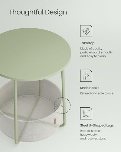 VASAGLE LILEA Collection - Small Round Side End Table, Modern Nightstand with Fabric Basket, Laurel Green and Cream White ULET223C69 - color: Laurel Green + Cream White, size: Round + 1 pack