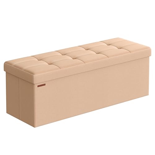 SONGMICS Mazie Collection - Storage Ottoman Bench, 43 Inches Folding Foot Rest Stool, End of Bed Bench, Easy Assembly, for Living Room, Bedroom, Entryway, Apricot Orange ULSF077O01 - color: Apricot Orange, size: 15"D x 43"W x 15"H