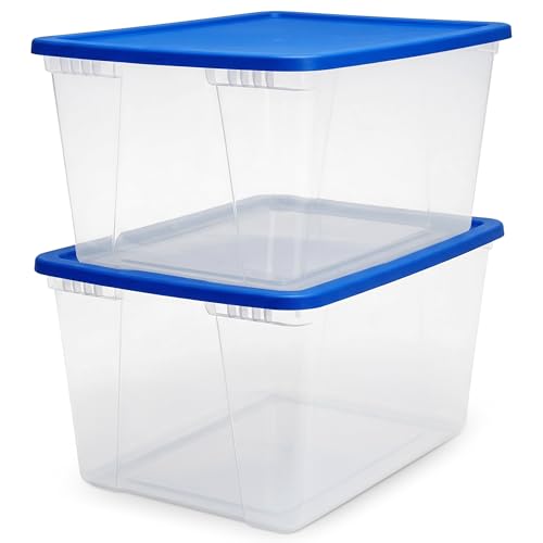 HOMZ 2-Pack Snaplock, Large Clear Plastic Storage Organizer Bins w/Lids, 56 Quart, Blue - Stackable Container Boxes for Bedroom, Bathroom, Garage, and Office Organization - color: Blue Lid, size: 56 QT (2 Pack)