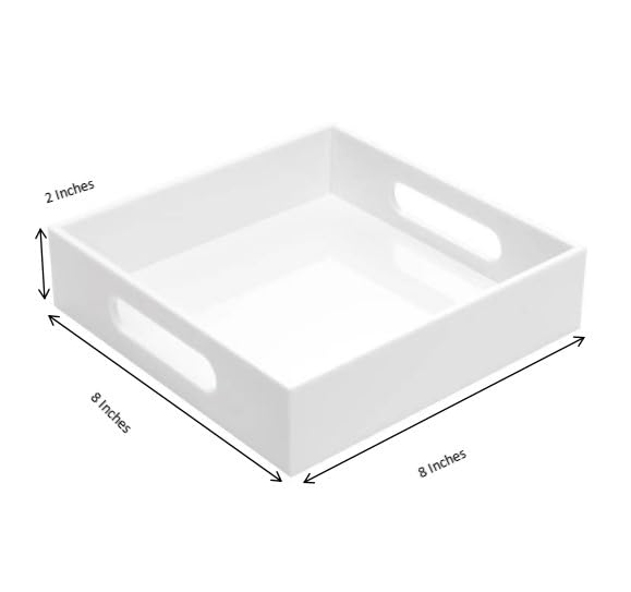 KEVLANG White Sturdy Acrylic Tray with Handles-8x8 Inch- Countertop Organizer Tray for Kitchen,Bathroom,Office- Storage Box for Cosmetics, Jewelry,Toiletries,Toy,Gadgets - color: Glossy White, size: 8" x 8" x 2"