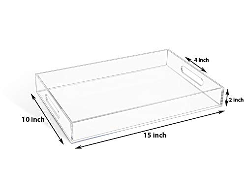 Clear Sturdy Acrylic Serving Tray with Handles-10x15Inch-Serving Coffee,Appetizer,Breakfast,Butler-Kitchen Countertop Tray-Makeup Drawer Organizer-Vanity Table Tray-Ottoman Tray-Decorative Tray - color: Clear, size: 15" x 10" x 2"