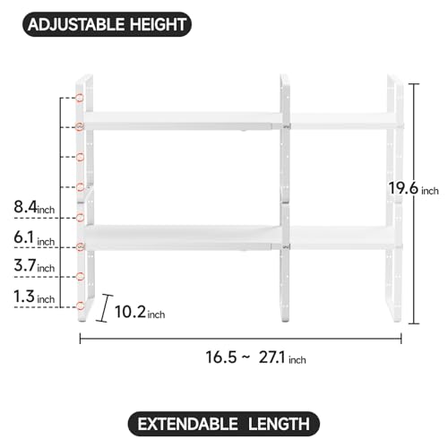 2Pack 16.5-27’’L Expandable Kitchen Shelf Organizer, Stackable Shelves Organizer, Adjustable Height Pantry Spice Rack for Cabinet, Countertop, Pantry and Cupboard, White - size: 2Pack-Common-10.2''Wx(16.5-27'')Lx9.6''H-White
