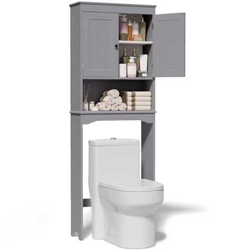 Gizoon Over The Toilet Storage Cabinet with Adjustable Shelf and Double Doors, Bathroom Space Saver Organizer Above Toilet with Open Shelf, Taller Wooden Free Standing Toilet Rack -Grey - color: Grey