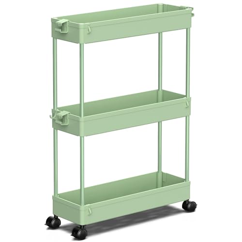 SPACEKEEPER Slim Rolling Storage Cart, 3 Tier Bathroom Organizer Utility Cart Laundry Room Organization Mobile Shelving Unit for Kitchen, Bathroom, Office, Bedroom, Narrow Places, Green - color: Green