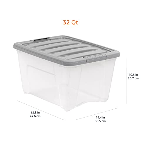 Amazon Basics Plastic Storage Containers with Secure Latching Lids, Stackable Organization Bins, Clear/Grey, 32 Quart, Set of 6 - size: 32 Qt. - 6 Pack