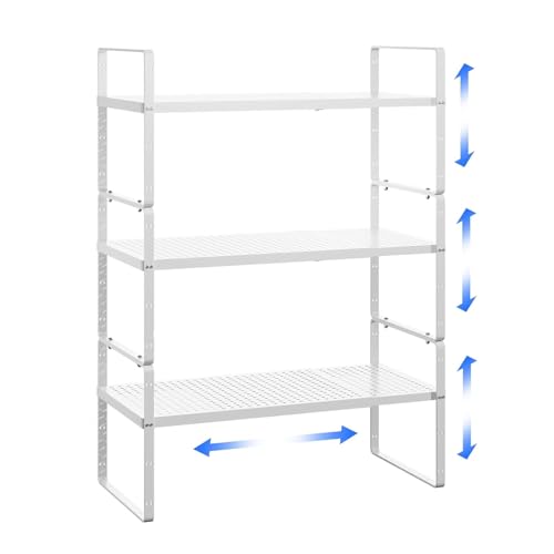 Expandable Cabinet Shelf Organizer Adjustable Metal Spice Rack Stackable Freestanding Counter Storage Shelves for Kitchen Cabinet Under Sink Office Desk (White - 3Pack - L16.5-27'' * W8'' * H9.6'') - color: White - 3pack - L16.5-27'' * W8'' * H9.6''