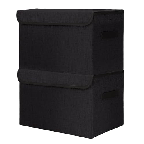 Bagnizer Large 42 Quarts Fabric Storage Bins with Lids [2-Pack] Linen Collapsible Foldable Storage Cubes, Closet Organizer Containers boxes with Handles for Home Office (16.7 x 12 x 12, Black) - color: Black, size: Large - 2 Pack