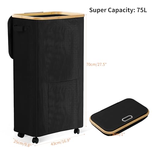 Laundry Basket with Wheels, Dirty Clothes Hamper on Wheels, Rolling Tall Laundry Hamper with lid for Laundry Room, Dorm and Bathroom, 75L Black - color: Black, size: 75L