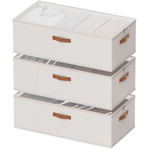 10inch 3 Pack Under Bed Storage Containers, 10 Inch Tall Underbed Clothes Storage Organizer Bin with Clear Window，Foldable Box Basket for Clothes, Closet, Bed Sheets and Blankets White - color: White