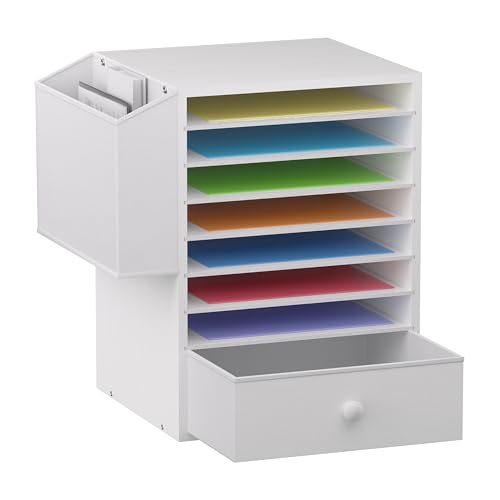 Unionly Wooden 12X12 Scrapbook Paper Organizer,7 Tier Adjustable Desktop File sorter with drawer,Craft&Stamp Cardstock Storage with Side Pocket&Name Slots for classroom,home offce，White - color: White, size: 7 Slots