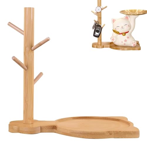 Cyrank Key Tray, Jewelry Tray Key Holder Key Bowl for Entryway Table Wood Key Tray for Entryway Earring Holder Rack Jewelry Organizer Tray 01 No Cat Statue - color: 01