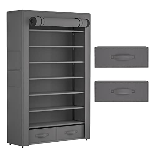 OYREL Shoe Rack Storage Cabinet 32 Pairs Organizer Shelf Tall for Shoes Large Free Standing Racks Vertical Shoe Holder Stand with Cover Two Boxes Closet - size: 8Tier with 2bins Grey