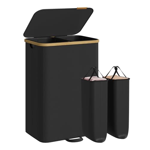 SONGMICS Laundry Hamper, Laundry Sorter with Lid, Storage Basket Bin, Removable Liners, Bamboo Frame, for Bedroom, 2 Sections, 39.6 Gal. (150 L), Ink Black ULCB532BH01 - color: Ink Black, size: 150 L (2-Section)