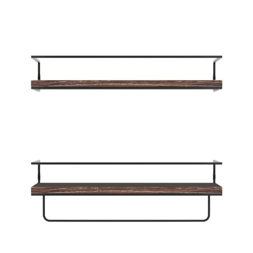 Shario Rustic Wood Floating Shelves - Set of 2, Wall Mounted Hanging Shelves with Black Towel Rack, Decorative Storage Shelves for Bathroom, Kitchen, Living Room & Bedroom (Dark Carbonized Brown) - color: Dark Brown