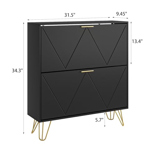 LYNSOM 2er Set Shoe Cabinet with 4 Flip Drawers, Black Shoe Storage Cabinet, Slim Wooden Freestanding Shoe Rack, Shoe Organizer with Fluted Panel for Entryway Hallway - color: Black, size: Set of 2