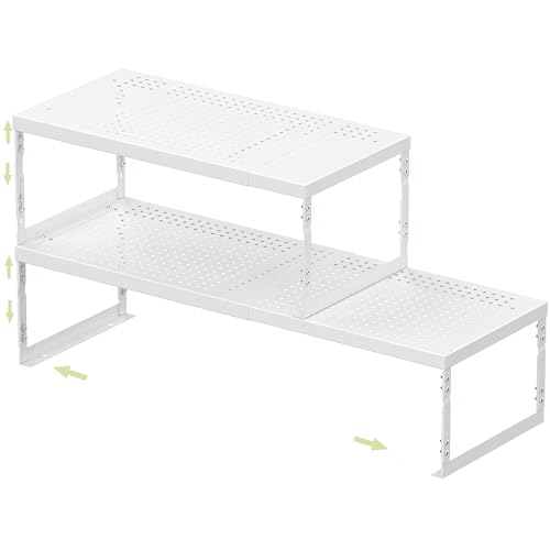 Jojocross Adjustable Stackable Metal Storage Shelf Organizer - Expandable Wire Rack with Perforations for Kitchen, Pantry, Bathroom, Cabinet & Office-Compact, Durable & Sturdy (2PACKS/Large/White) - color: 2packs/Large/White, size: Large